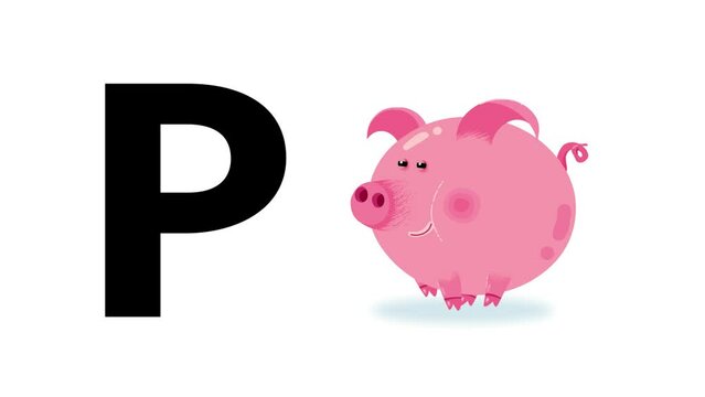 P letter big black like pig cartoon animation. Animal loop. Educational serie with bold style character for children. Good for education movies, presentation, learning alphabet, etc...