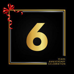 6th anniversary logo with golden and silver frame isolated on black background. 6 years Anniversary Celebration Design. vector design for greeting card, banner, birthday and invitation card.