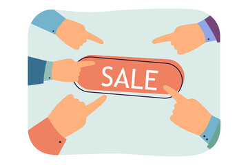 Human hands pointing on sale button with fingers. People showing information about discounts in retail store flat vector illustration. Offer concept for banner, website design or landing web page