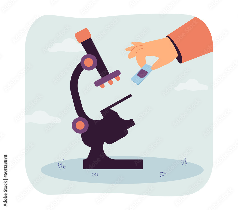 Poster hand of scientist holding glass slide with biopsy. research of medical pathology by person using lab