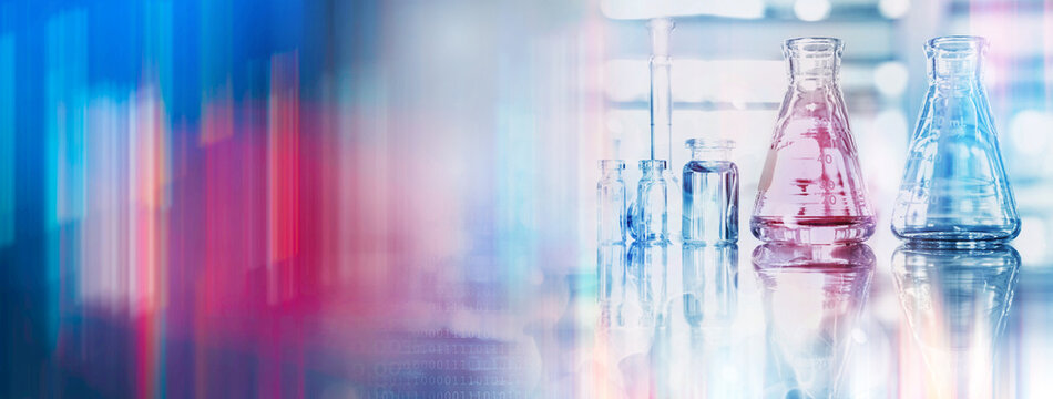 glass flask and vial chemistry science research lab and colorful abstract banner background