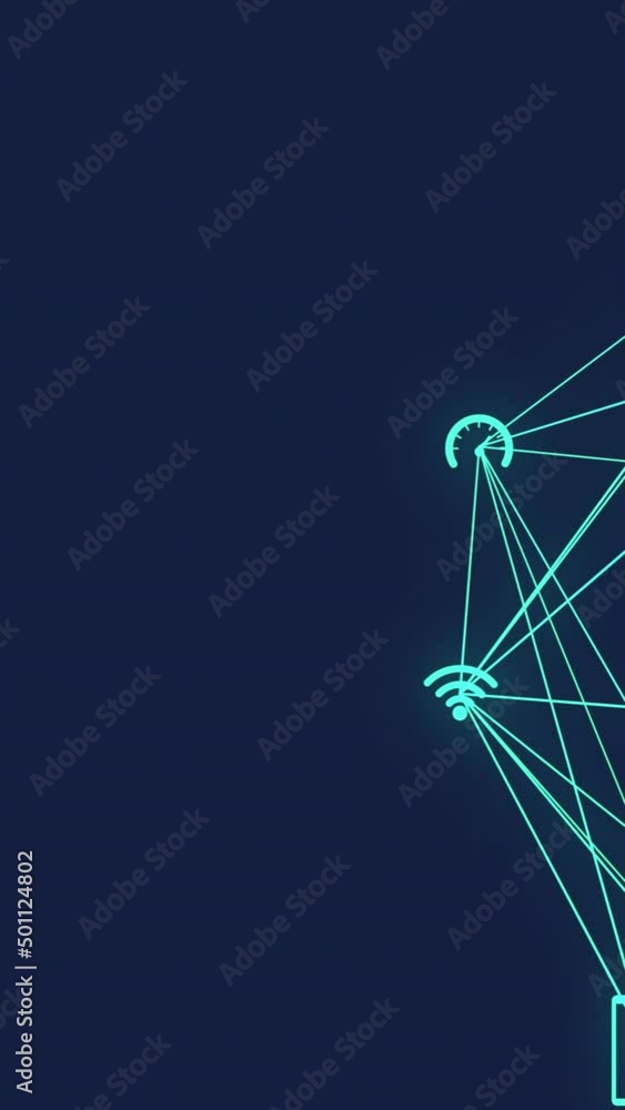 Poster animation of network of connection and icons over blue background