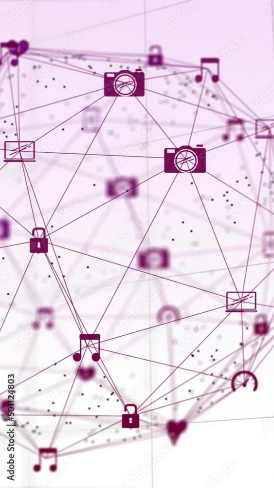 Poster animation of network of connection and icons over white background