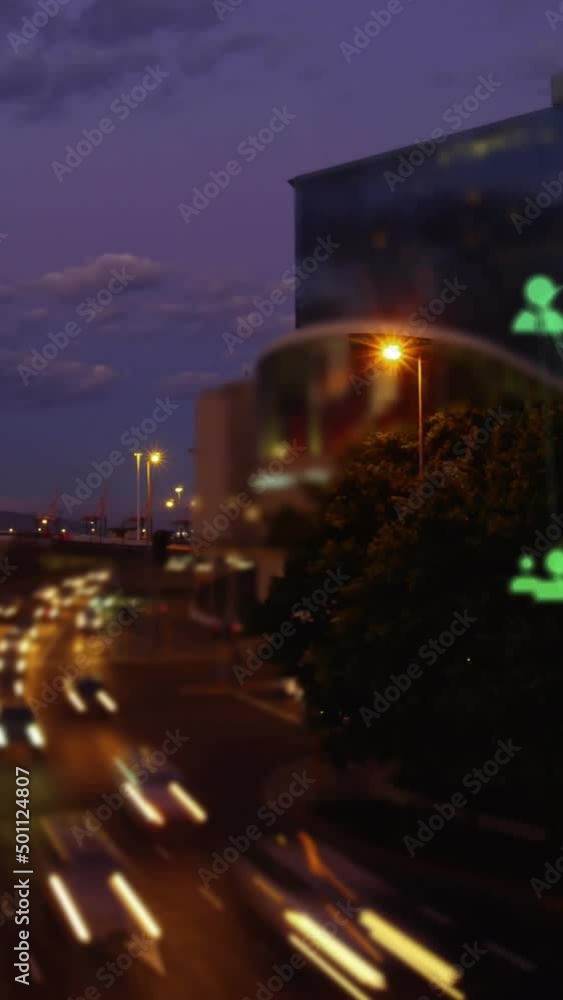 Poster animation of network of connection and icons over cityscape