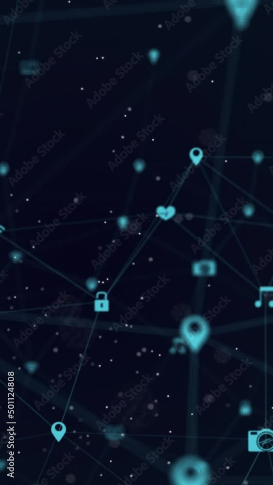 Poster animation of network of connection and icons over blue background