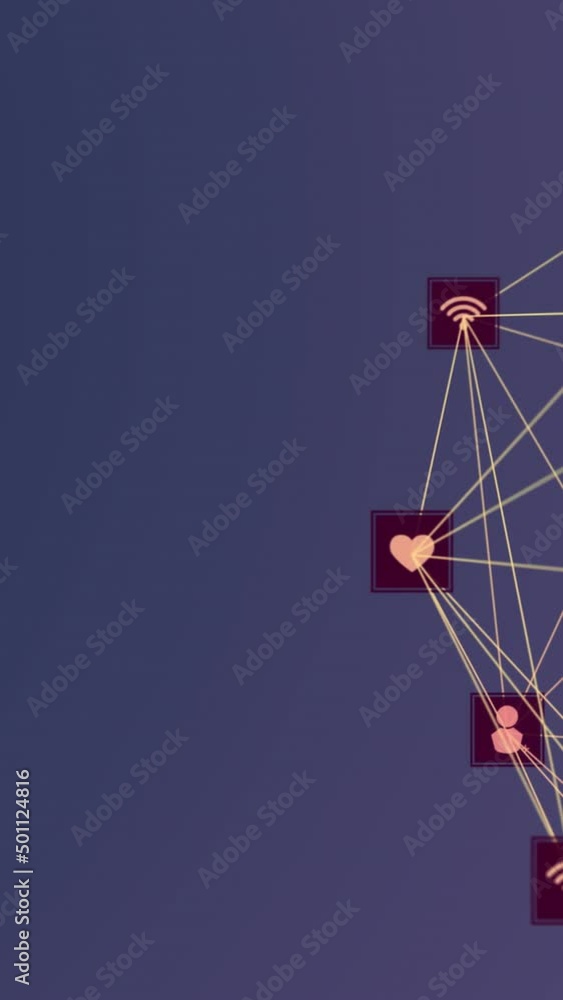 Poster animation of network of connection and icons over blue background