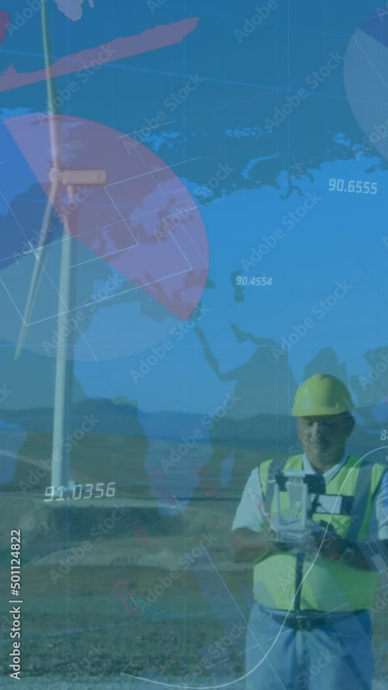 Aufkleber animation of statistics and data processing over wind turbines and engineer on blue background