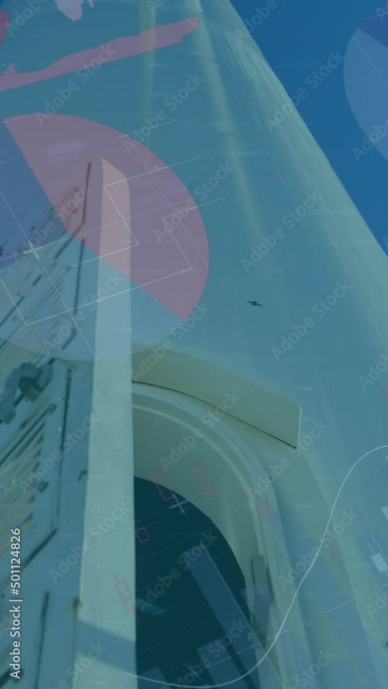 Aufkleber animation of statistics and data processing over wind turbine and engineer on blue background