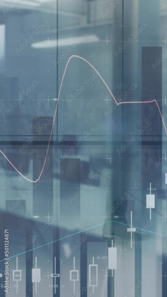 Poster animation of statistics and financial data processing over office