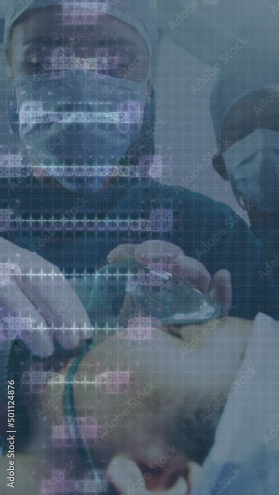 Aufkleber animation of dna strand and data processing over patient and diverse surgeons with face masks