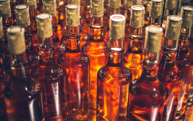 Ice wine bottles. Cabernet Franc bottles of wine in rows in hungarian wine cellar