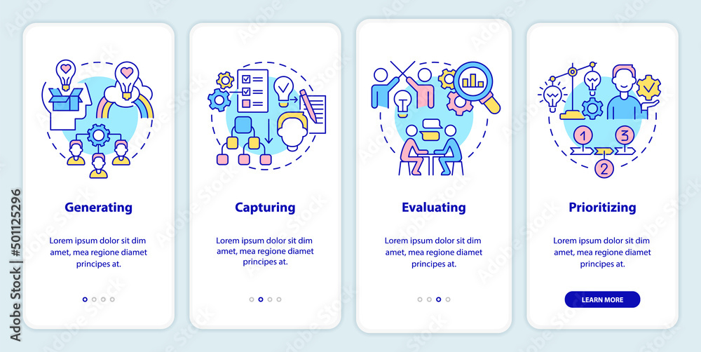 Poster innovation management steps onboarding mobile app screen. generating idea walkthrough 4 steps graphi