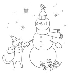 Merry Christmas snowman, bird and cat cartoon. Vector illustration.