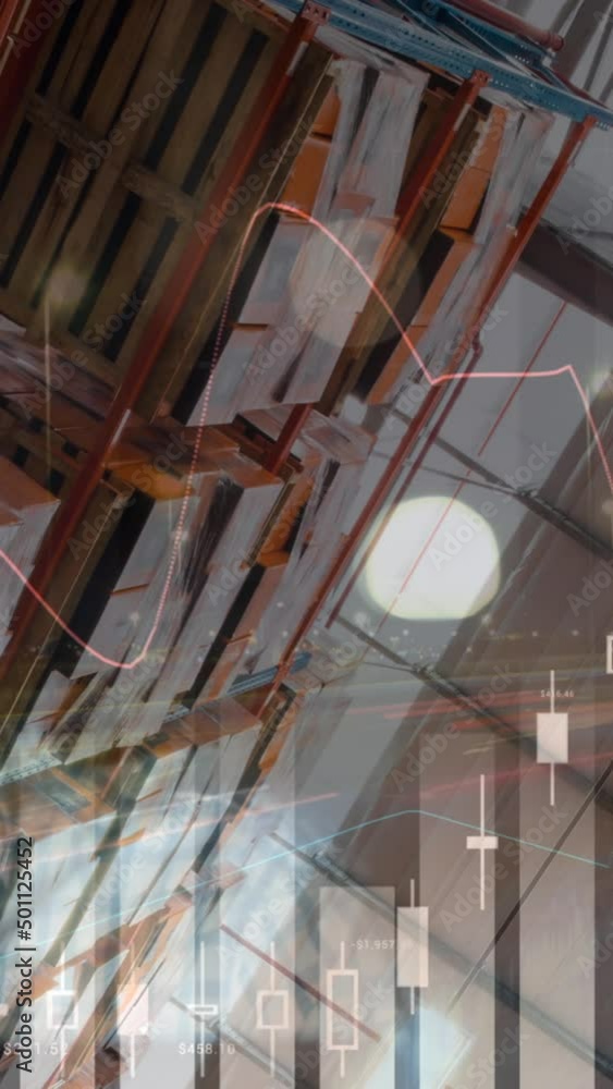 Poster animation of financial data processing and caucasian man over empty warehouse