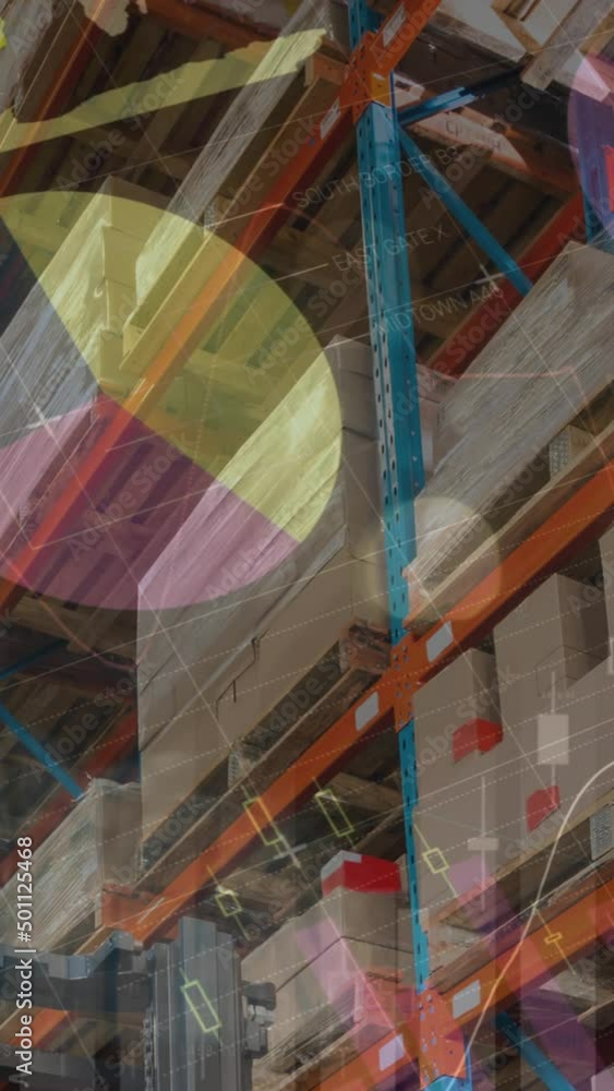 Poster animation of financial data processing over empty warehouse