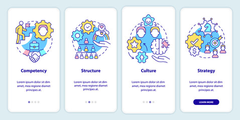 Pillars of innovation management onboarding mobile app screen. Competency walkthrough 4 steps graphic instructions pages with linear concepts. UI, UX, GUI template. Myriad Pro-Bold, Regular fonts used