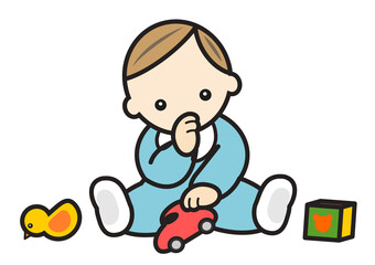 おもちゃで遊びながら指しゃぶりをする赤ちゃん