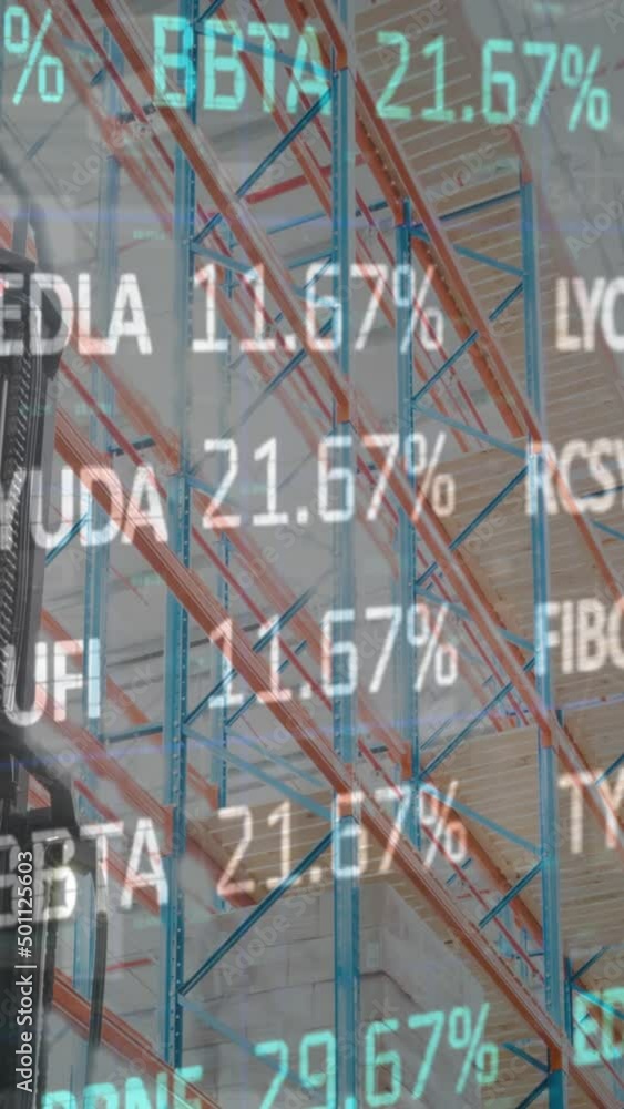 Poster animation of financial data processing and stock market over empty warehouse