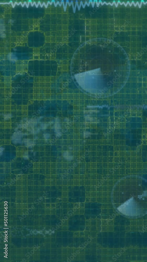 Poster animation of data processing and world map over digital screen