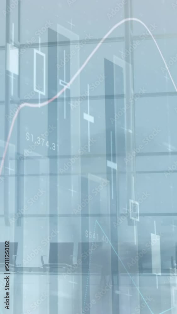 Poster composite video of statistical data processing against time lapse of people walking at office
