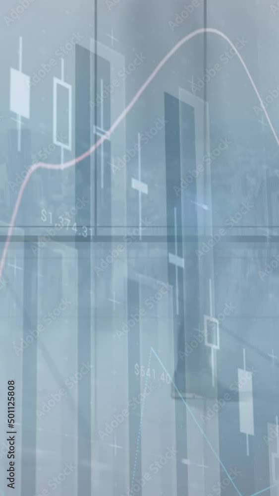 Poster composite video of statistical data processing against time lapse of people walking at office