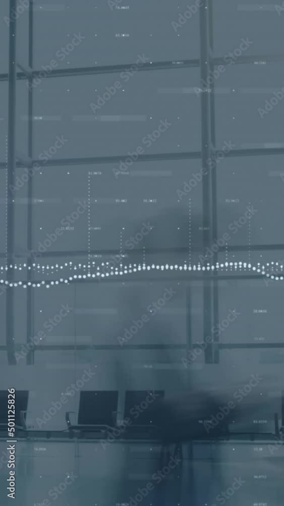 Poster composite video of statistical data processing against time lapse of people walking at office