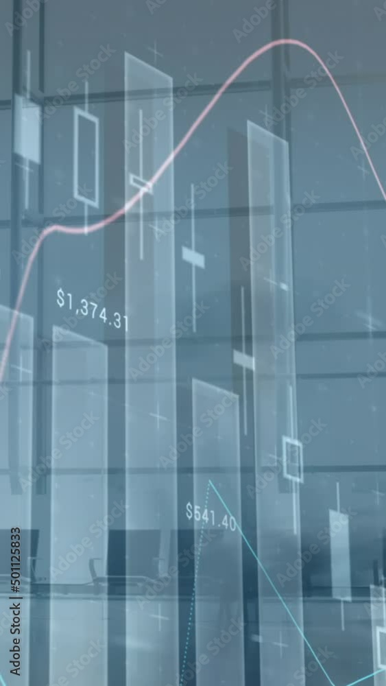 Poster composite video of statistical data processing against time lapse of people walking at office