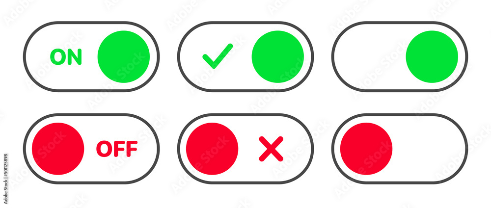 Aufkleber On and Off toggle switch icons. Switch toggle buttons ON OFF. Material design switch buttons set. Open and close ui icons. Active and Inactive icon. Stock Vector.