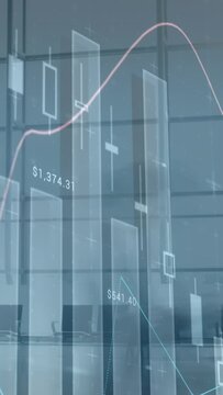 Composite video of statistical data processing against time lapse of people walking at office