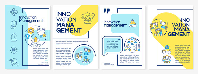 Innovation management system blue and yellow brochure template. Brainstorming. Leaflet design with linear icons. 4 vector layouts for presentation, annual reports. Questrial, Lato-Regular fonts used