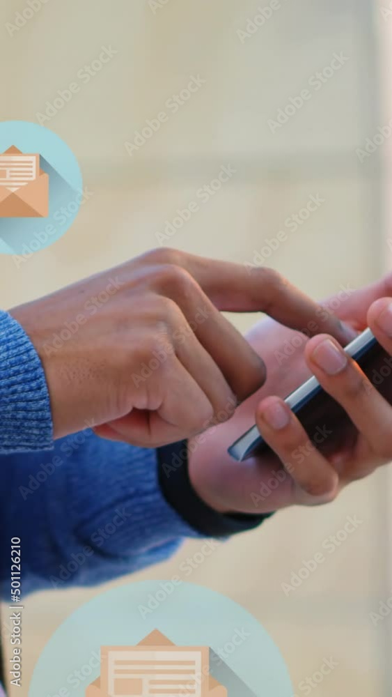Poster animation of mail icons over midsection of biracial man using smartphone