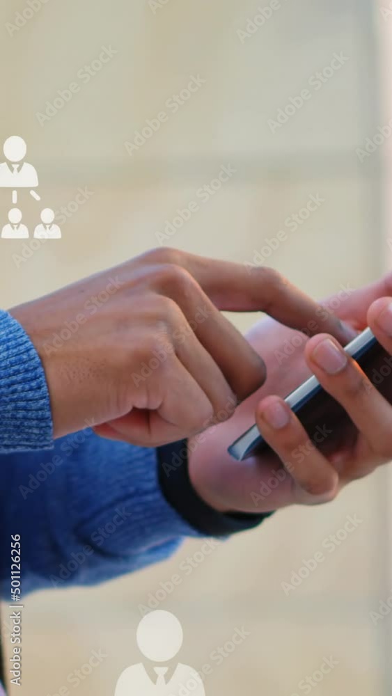 Poster animation of user icons over midsection of biracial man using smartphone