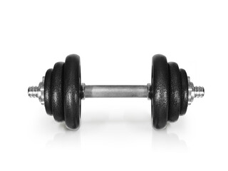 Metal dumbbells. Isolated on white background. Gym, fitness and sports equipment symbol. Area for entering text