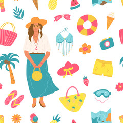 Summer seamless pattern with girl, clothes, palm tree, fruit and ice cream. Vector bright print