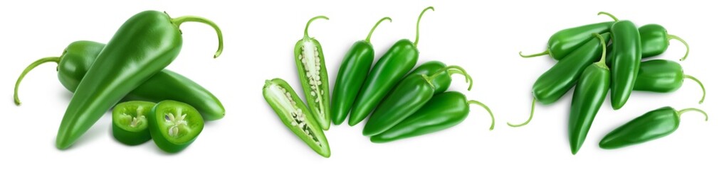 jalapeno peppers isolated on white background. Green chili pepper with clipping path and full depth of field. Set or collection
