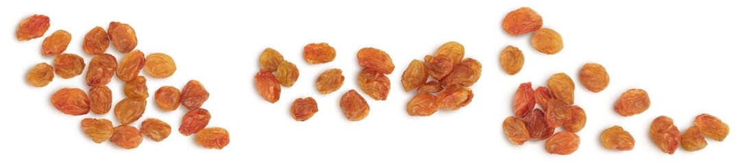 Brown raisin isolated on white background with clipping path. Top view. Flat lay. Set or collection