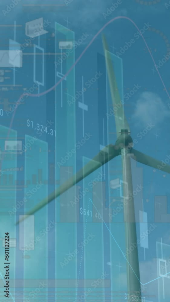 Poster animation of graphs and financial data over wind turbine