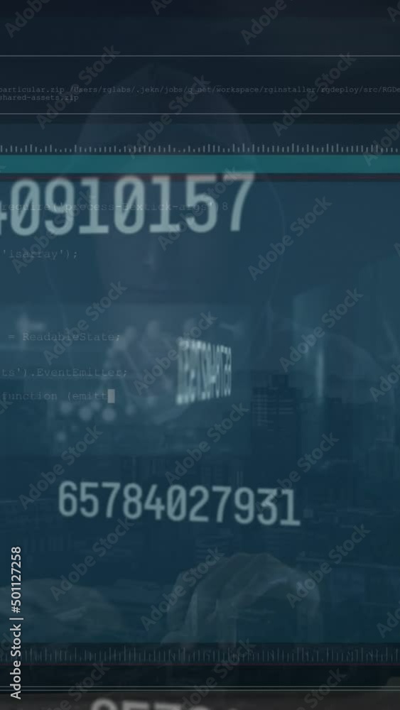 Poster animation of data processing over caucasian male hacker