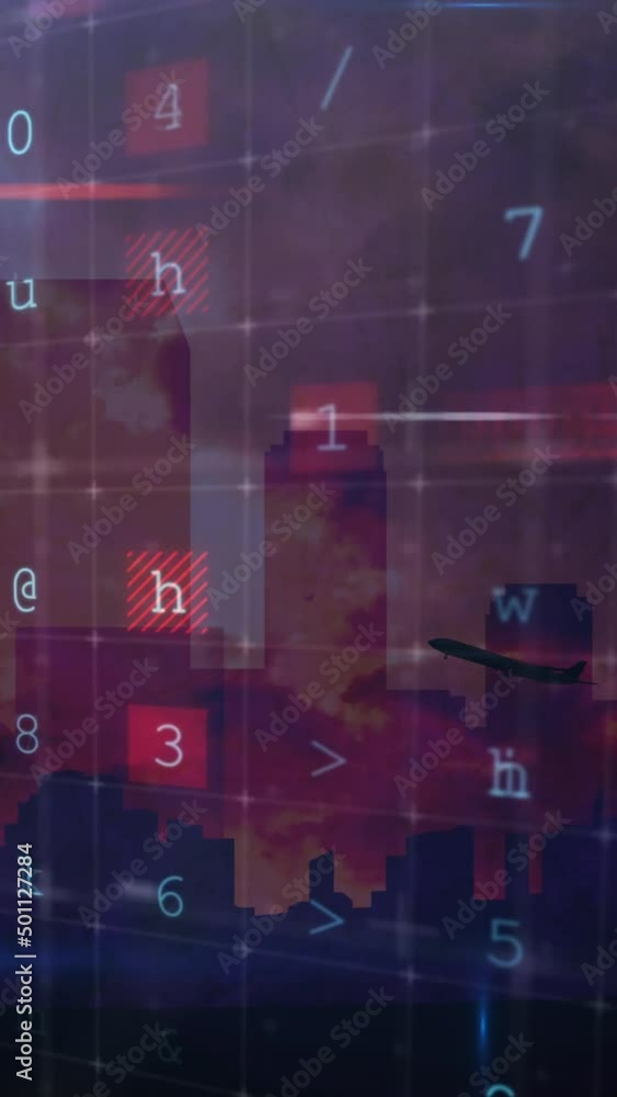 Poster animation of cyber attack warning over cityscape on red background