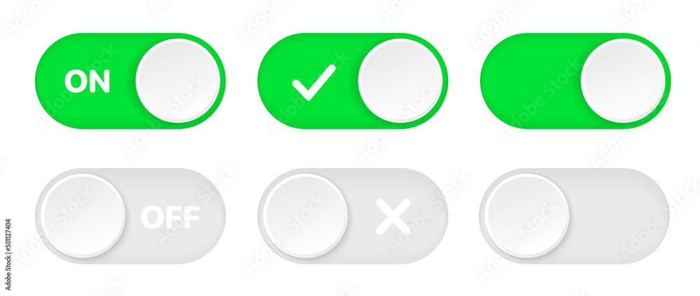 Poster On and Off toggle switch icons. Switch toggle buttons ON OFF. Material design switch buttons set. Open and close ui icons. Active and Inactive icon. Stock Vector.
