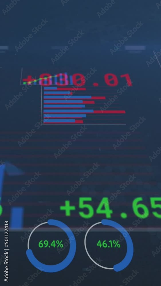 Poster animation of financial data and graphs over navy background