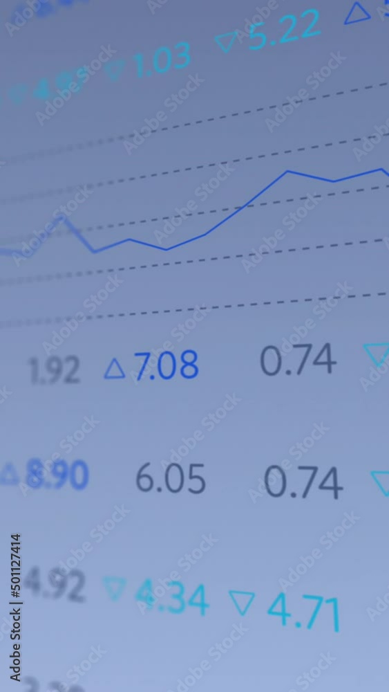 Poster animation of financial data and graphs over blue background