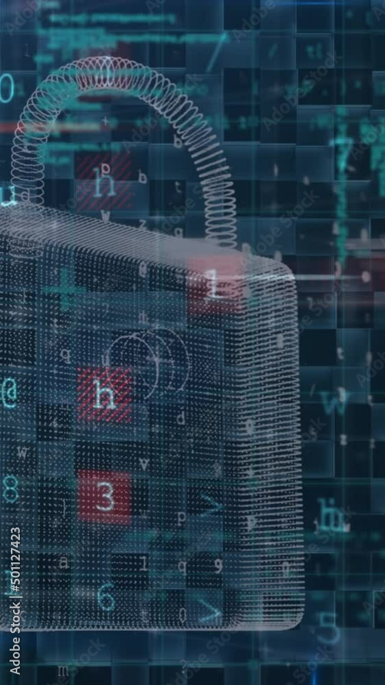 Poster Animation of security padlock over data processing on dark background