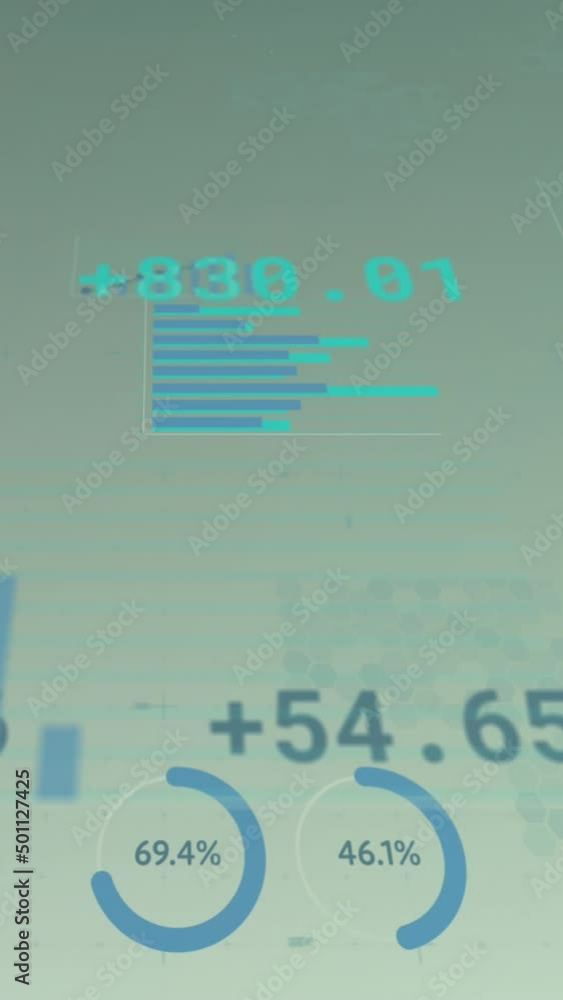 Poster animation of financial data and graphs over green background