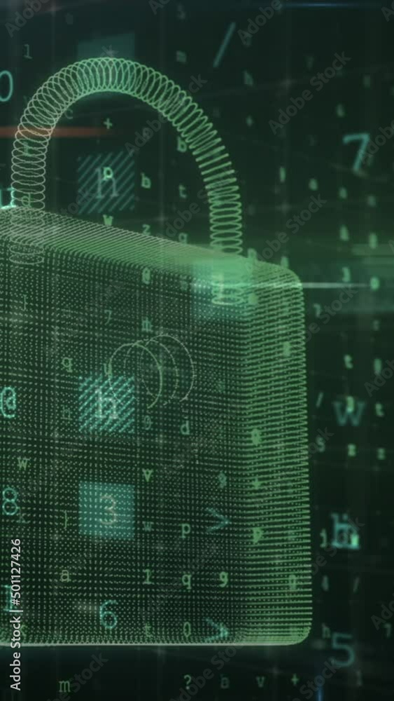 Poster Animation of security padlock and data processing over navy background