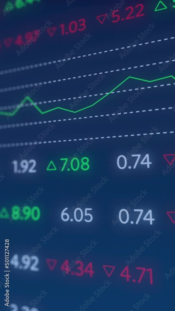Poster animation of financial data and graphs over navy background