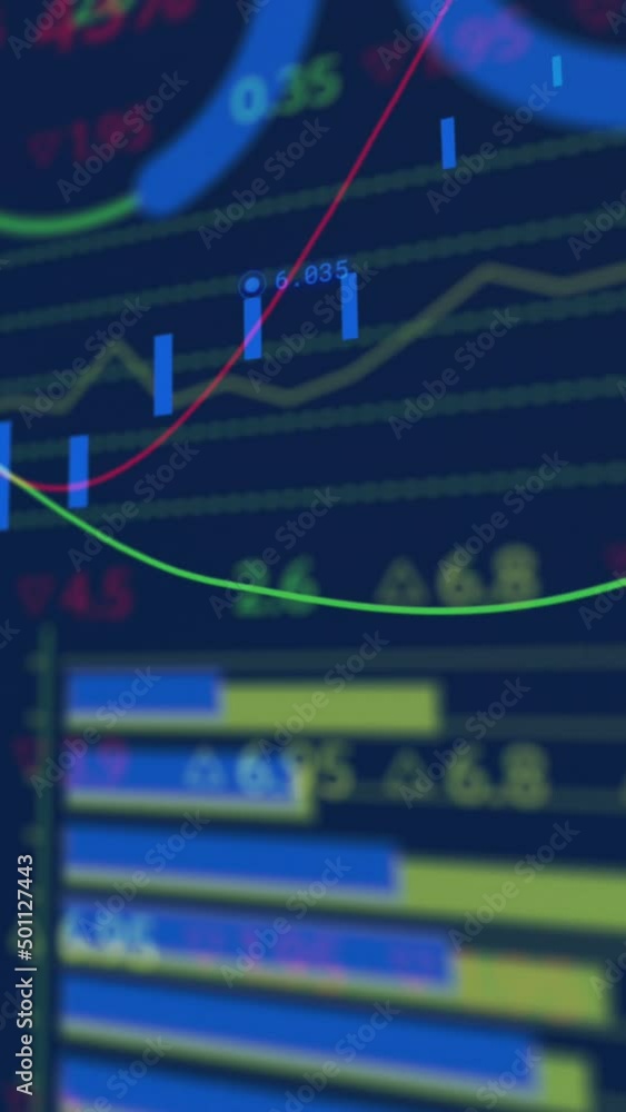 Poster animation of financial data and graphs over navy background
