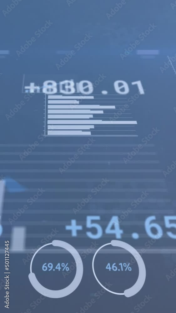 Poster animation of financial data and graphs over navy background