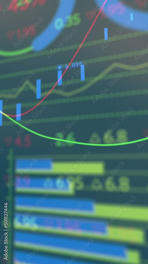 Poster animation of financial data and graphs over green background