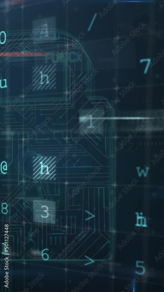Poster Animation of security padlock over data processing on dark background